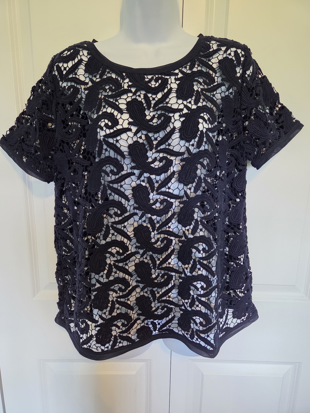 LOFT Navy Short-Sleeve Crochet Lace Blouse